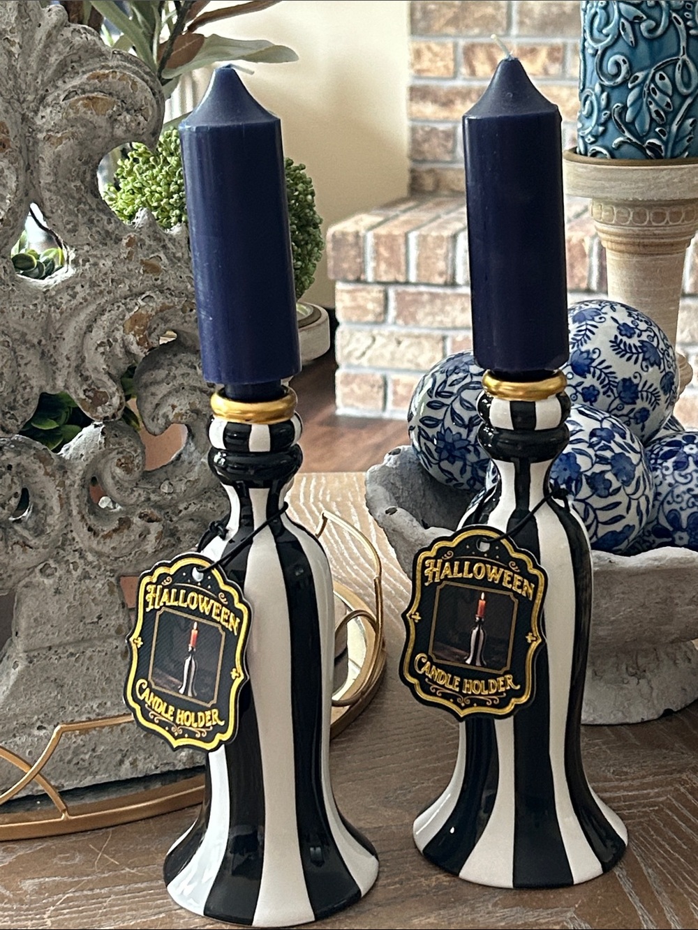 NEW! Set of 2 Vintage Inspired Black & White Stripe Ceramic Candle Holder